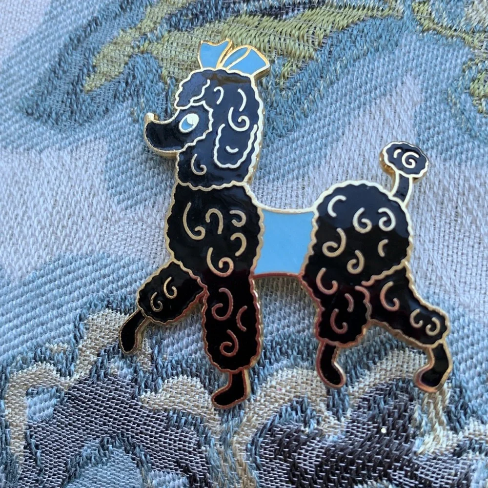 Fancy black French Poodle pin with blue eyes, sweater + bow EUC